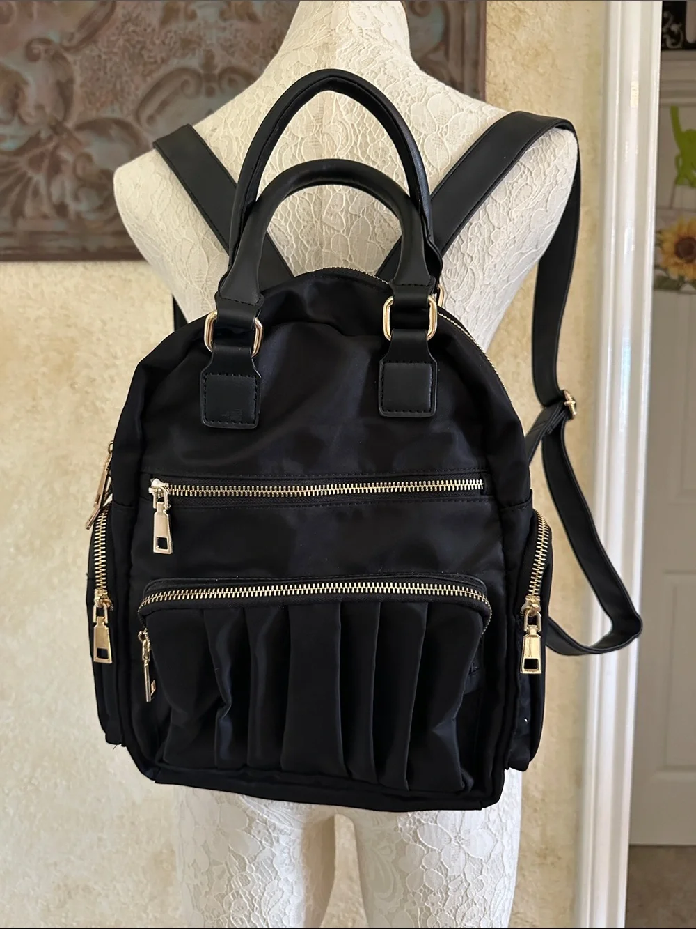 Classic Black Nylon Backpack with Gold Hardware - Women Bags